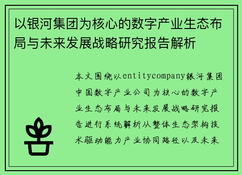 以银河集团为核心的数字产业生态布局与未来发展战略研究报告解析